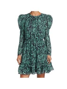 Tanya Taylor Green Floral Puff-Sleeve Long-Sleeve Mini Dress